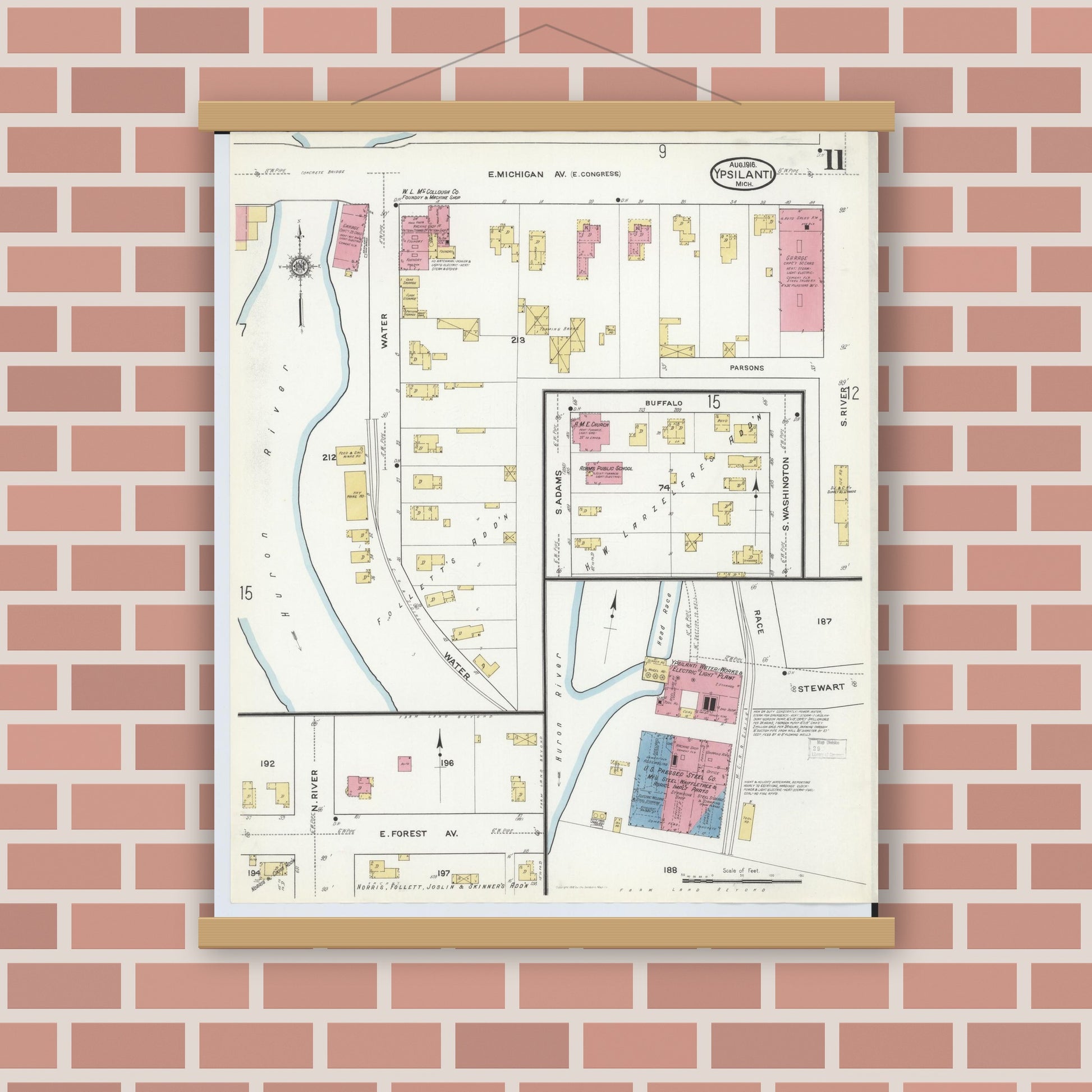 Old map wall art mockup — magnetic wood frame on brick wall — Sanborn Fire Insurance Map from Ypsilanti, Washtenaw County, Michigan (1916), Sheet #0011