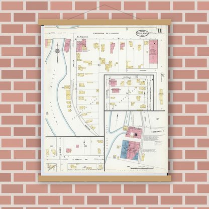 Old map wall art mockup — magnetic wood frame on brick wall — Sanborn Fire Insurance Map from Ypsilanti, Washtenaw County, Michigan (1916), Sheet #0011