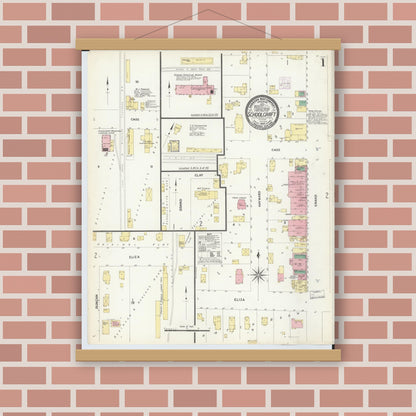 Old map wall art mockup — magnetic wood frame on brick wall — Sanborn Fire Insurance Map from Schoolcraft, Kalamazoo County, Michigan (1908), Sheet #0001