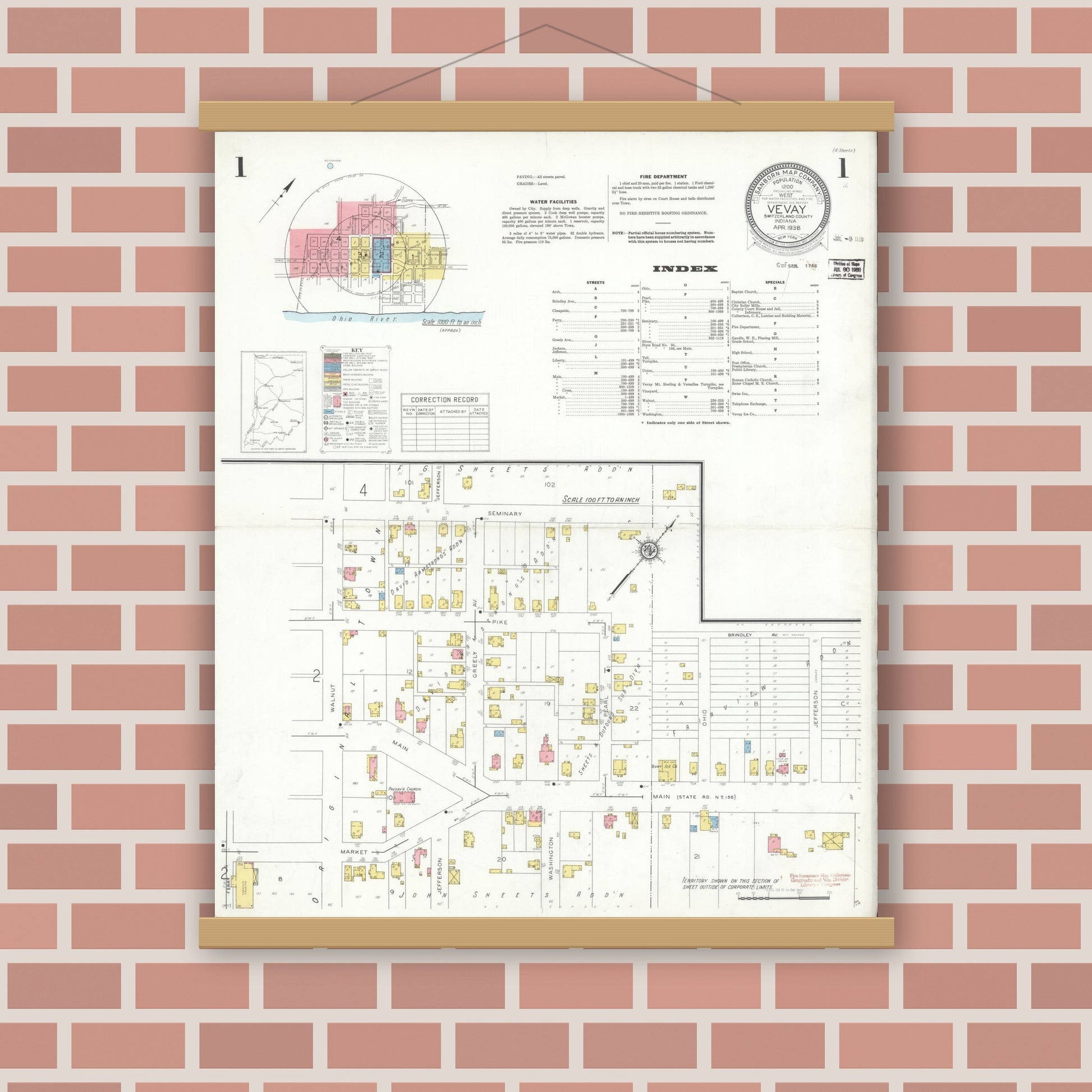 Old map wall art mockup — magnetic wood frame on brick wall — Sanborn Fire Insurance Map from Vevay, Switzerland County, Indiana (1938) - Complete Map Set