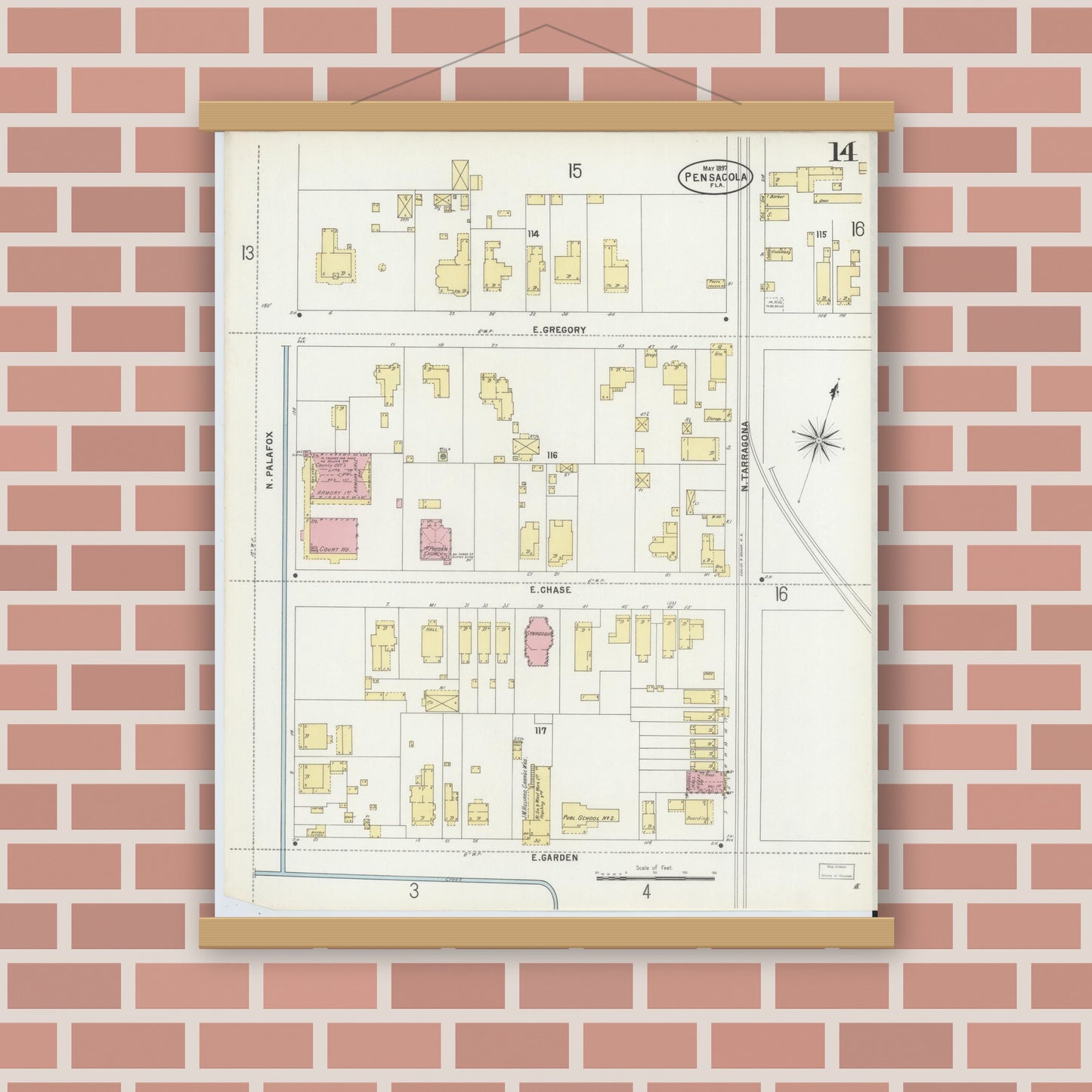 Old map wall art mockup — magnetic wood frame on brick wall — Sanborn Fire Insurance Map from Pensacola, Escambia County, Florida (1897), Sheet #0014