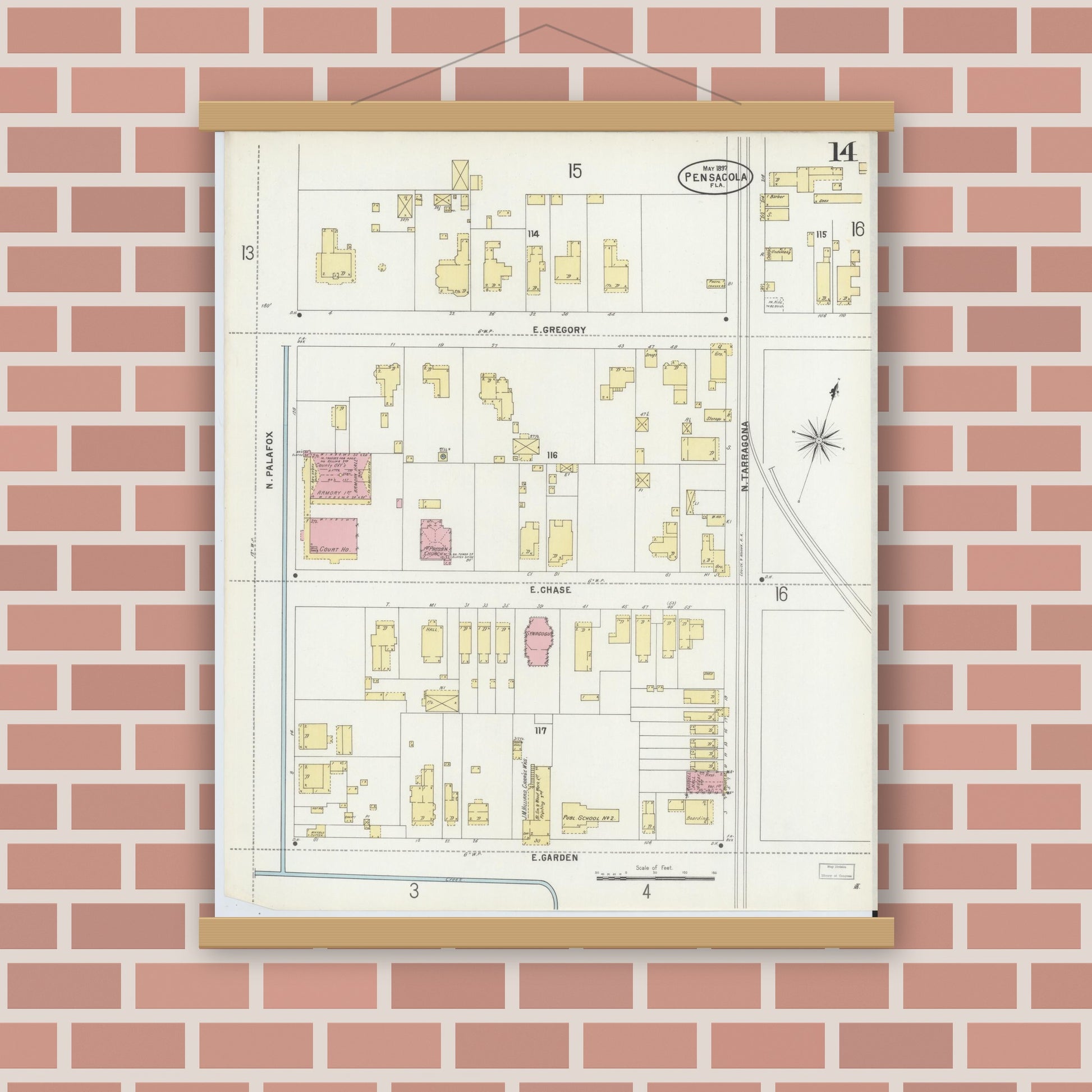 Old map wall art mockup — magnetic wood frame on brick wall — Sanborn Fire Insurance Map from Pensacola, Escambia County, Florida (1897), Sheet #0014