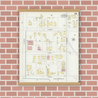 Old map wall art mockup — magnetic wood frame on brick wall — Sanborn Fire Insurance Map from Pensacola, Escambia County, Florida (1897), Sheet #0014