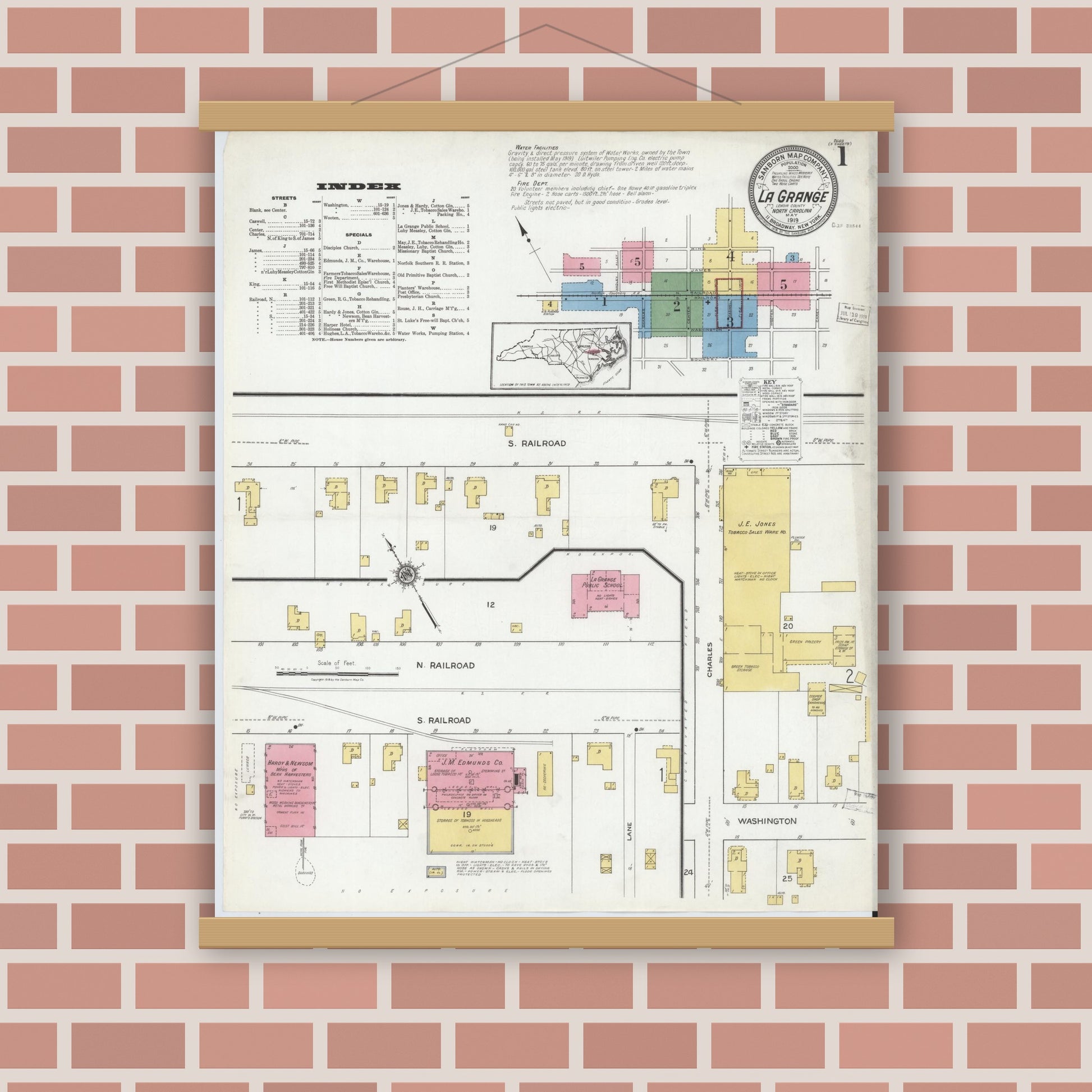 Old map wall art mockup — magnetic wood frame on brick wall — Sanborn Fire Insurance Map from La Grange, Lenoir County, North Carolina (1919), Sheet #0001