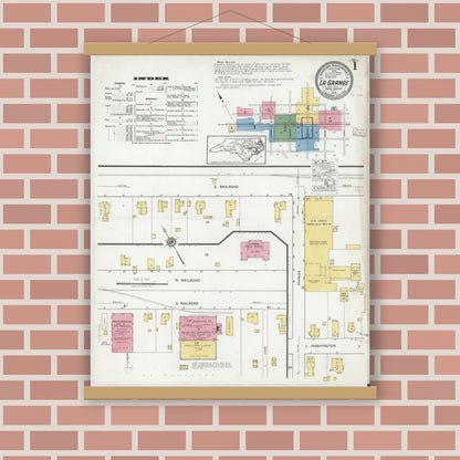 Old map wall art mockup — magnetic wood frame on brick wall — Sanborn Fire Insurance Map from La Grange, Lenoir County, North Carolina (1919), Sheet #0001