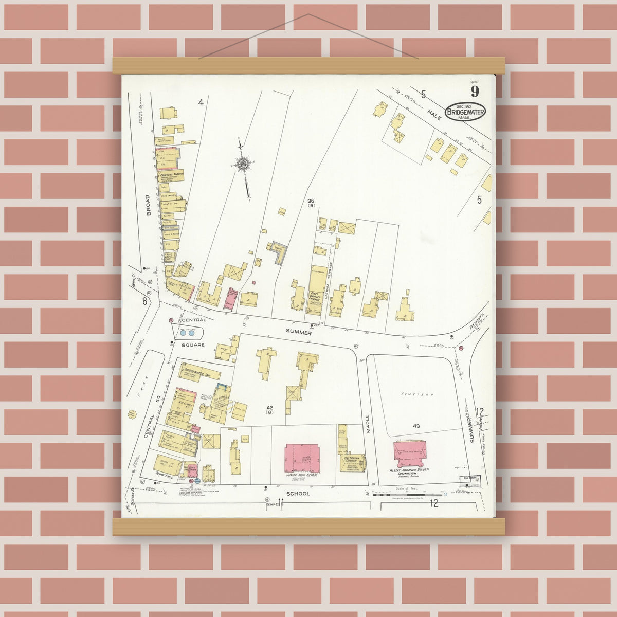 Old map wall art mockup — magnetic wood frame on brick wall — Sanborn Fire Insurance Map from Bridgewater, Plymouth County, Massachusetts (1921), Sheet #0009