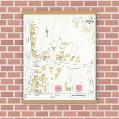 Old map wall art mockup — magnetic wood frame on brick wall — Sanborn Fire Insurance Map from Bridgewater, Plymouth County, Massachusetts (1921), Sheet #0009
