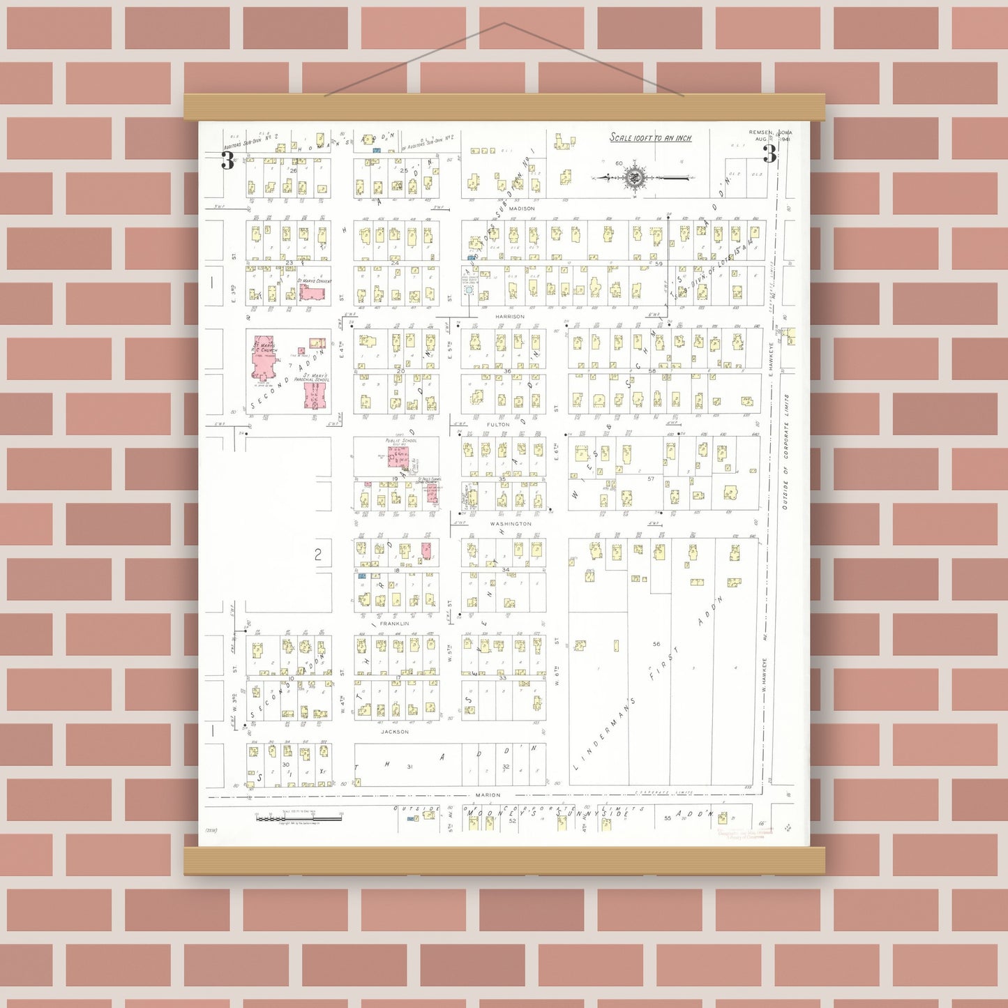 Old map wall art mockup — magnetic wood frame on brick wall — Sanborn Fire Insurance Map from Remsen, Plymouth County, Iowa (1941), Sheet #0003
