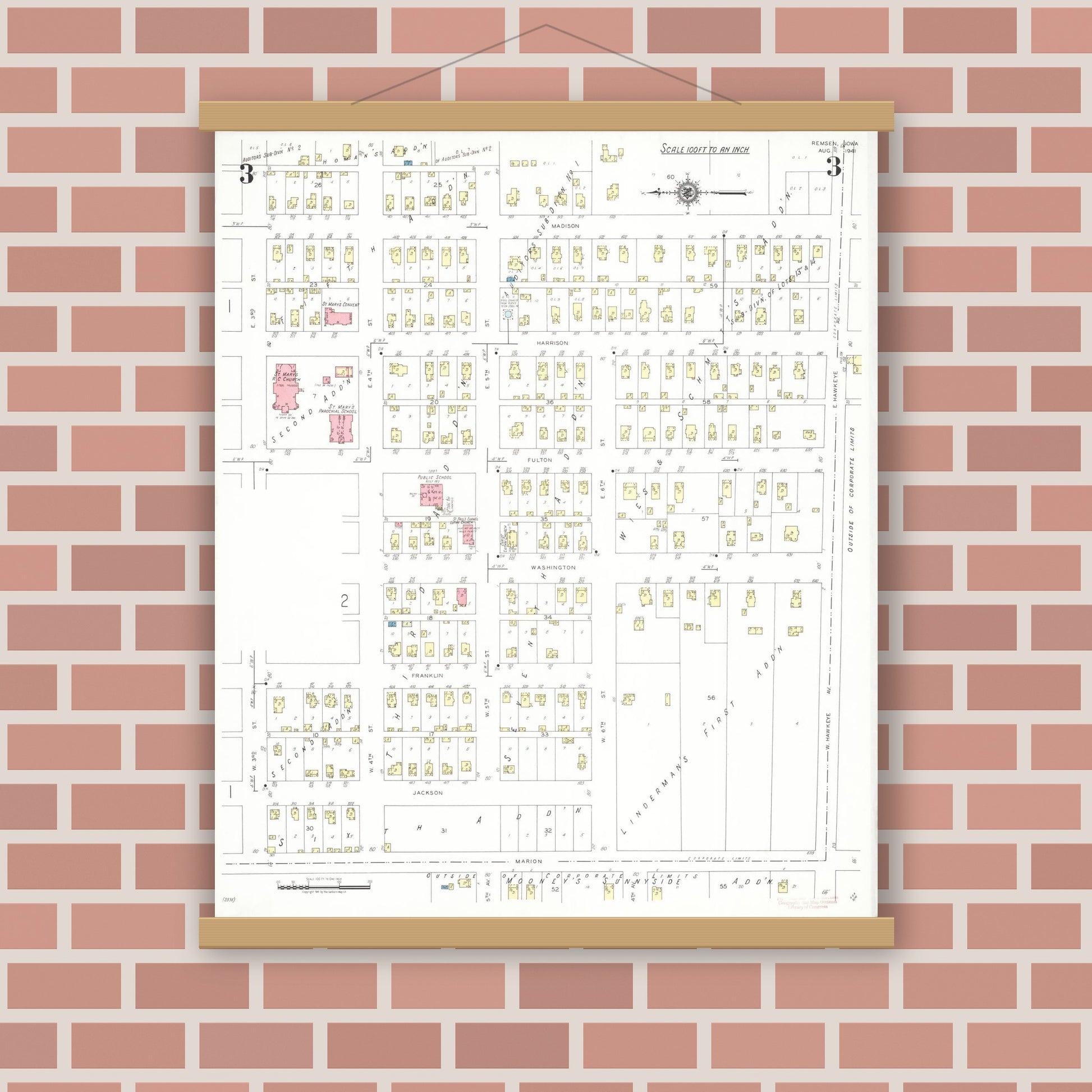 Old map wall art mockup — magnetic wood frame on brick wall — Sanborn Fire Insurance Map from Remsen, Plymouth County, Iowa (1941), Sheet #0003