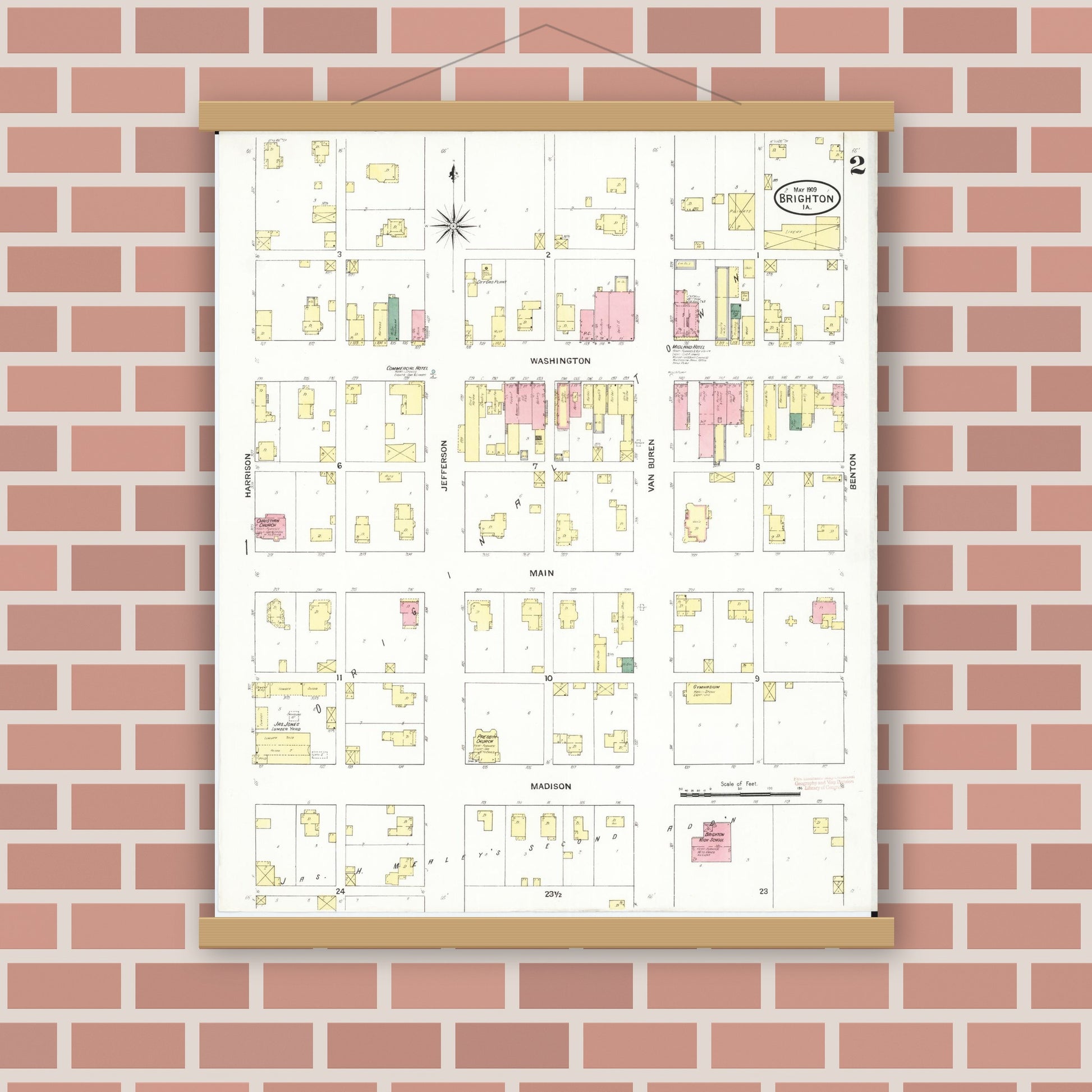 Old map wall art mockup — magnetic wood frame on brick wall — Sanborn Fire Insurance Map from Brighton, Washington County, Iowa (1909), Sheet #0002