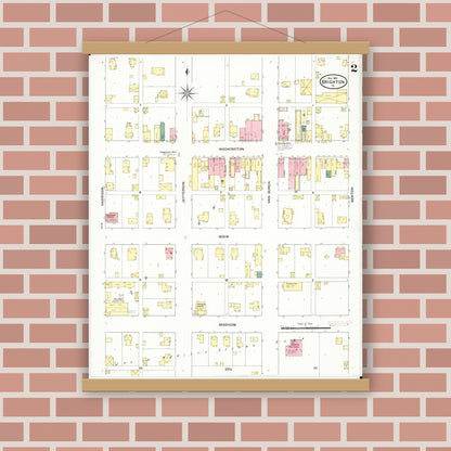 Old map wall art mockup — magnetic wood frame on brick wall — Sanborn Fire Insurance Map from Brighton, Washington County, Iowa (1909), Sheet #0002