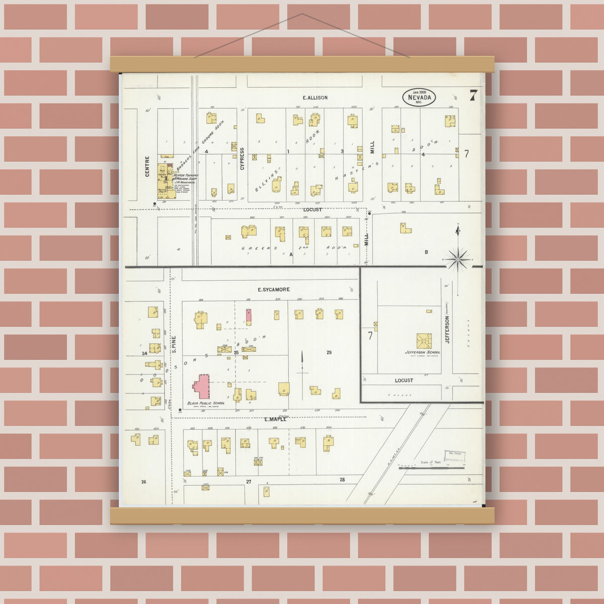 Old map wall art mockup — magnetic wood frame on brick wall — Sanborn Fire Insurance Map from Nevada, Vernon County, Missouri (1900), Sheet #0007