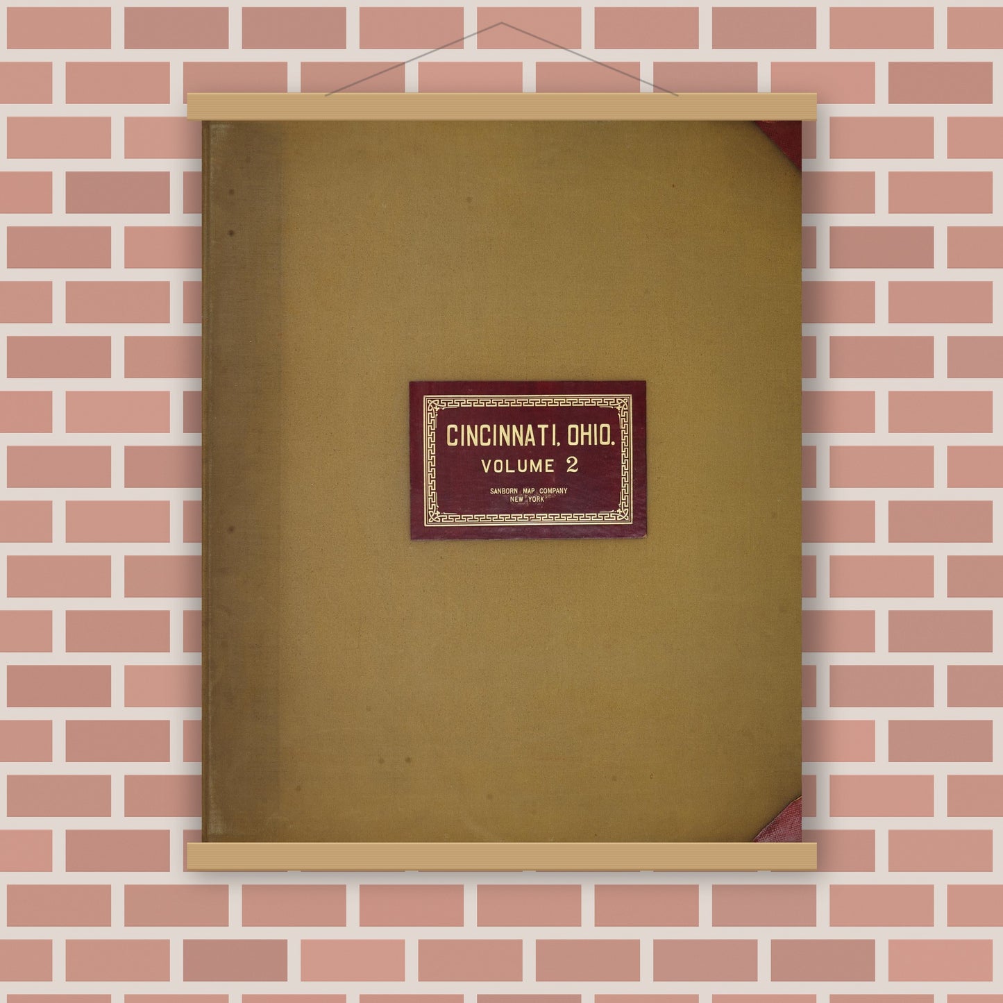 Old map wall art mockup — magnetic wood frame on brick wall — Sanborn Fire Insurance Map from Cincinnati, Hamilton County, Ohio (1950), Sheet #0001