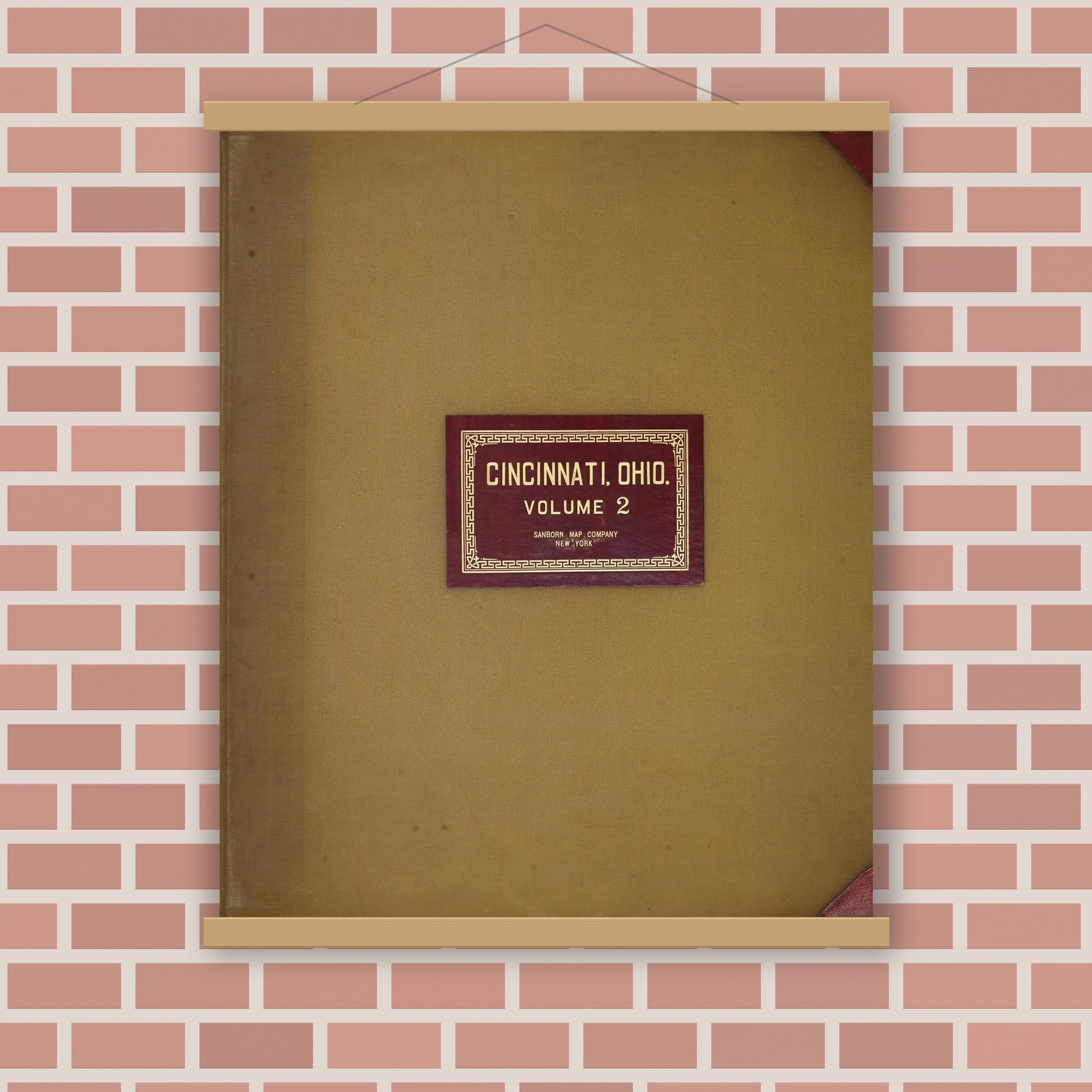Old map wall art mockup — magnetic wood frame on brick wall — Sanborn Fire Insurance Map from Cincinnati, Hamilton County, Ohio (1950), Sheet #0001