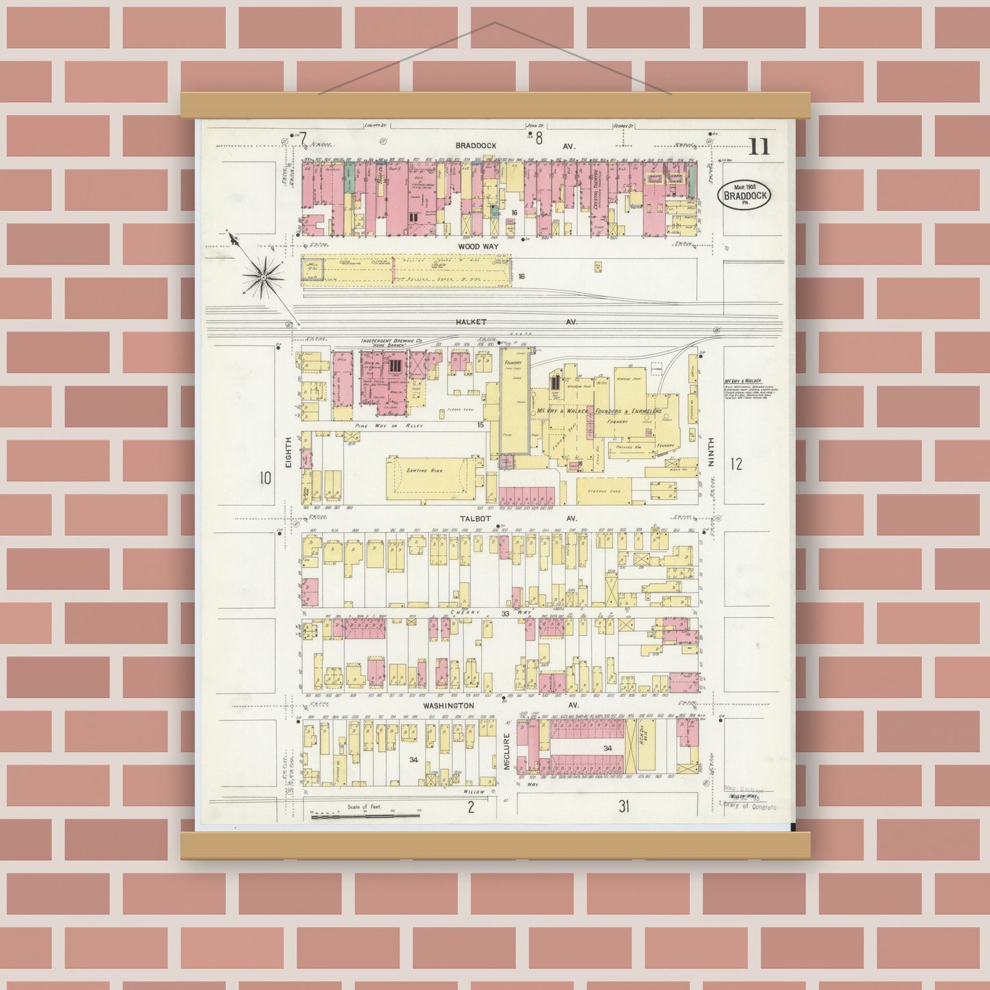 Old map wall art mockup — magnetic wood frame on brick wall — Sanborn Fire Insurance Map from Braddock, Allegheny County, Pennsylvania (1908), Sheet #0011