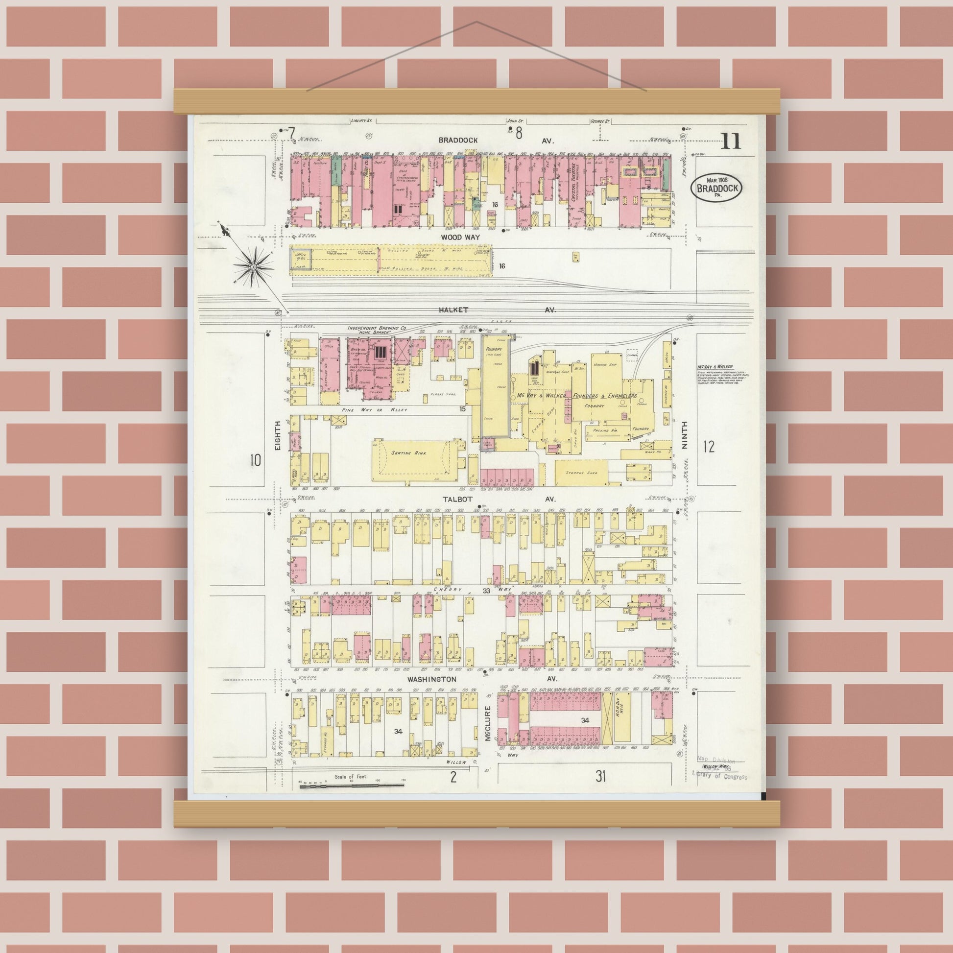 Old map wall art mockup — magnetic wood frame on brick wall — Sanborn Fire Insurance Map from Braddock, Allegheny County, Pennsylvania (1908), Sheet #0011