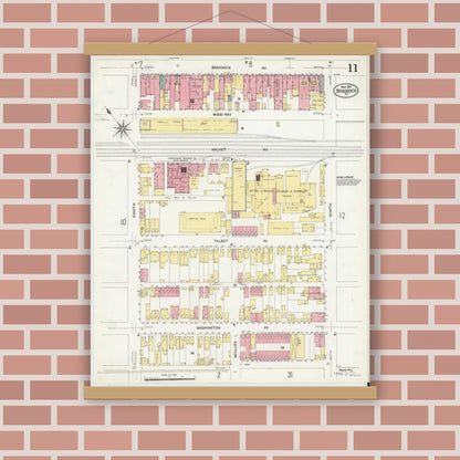 Old map wall art mockup — magnetic wood frame on brick wall — Sanborn Fire Insurance Map from Braddock, Allegheny County, Pennsylvania (1908), Sheet #0011