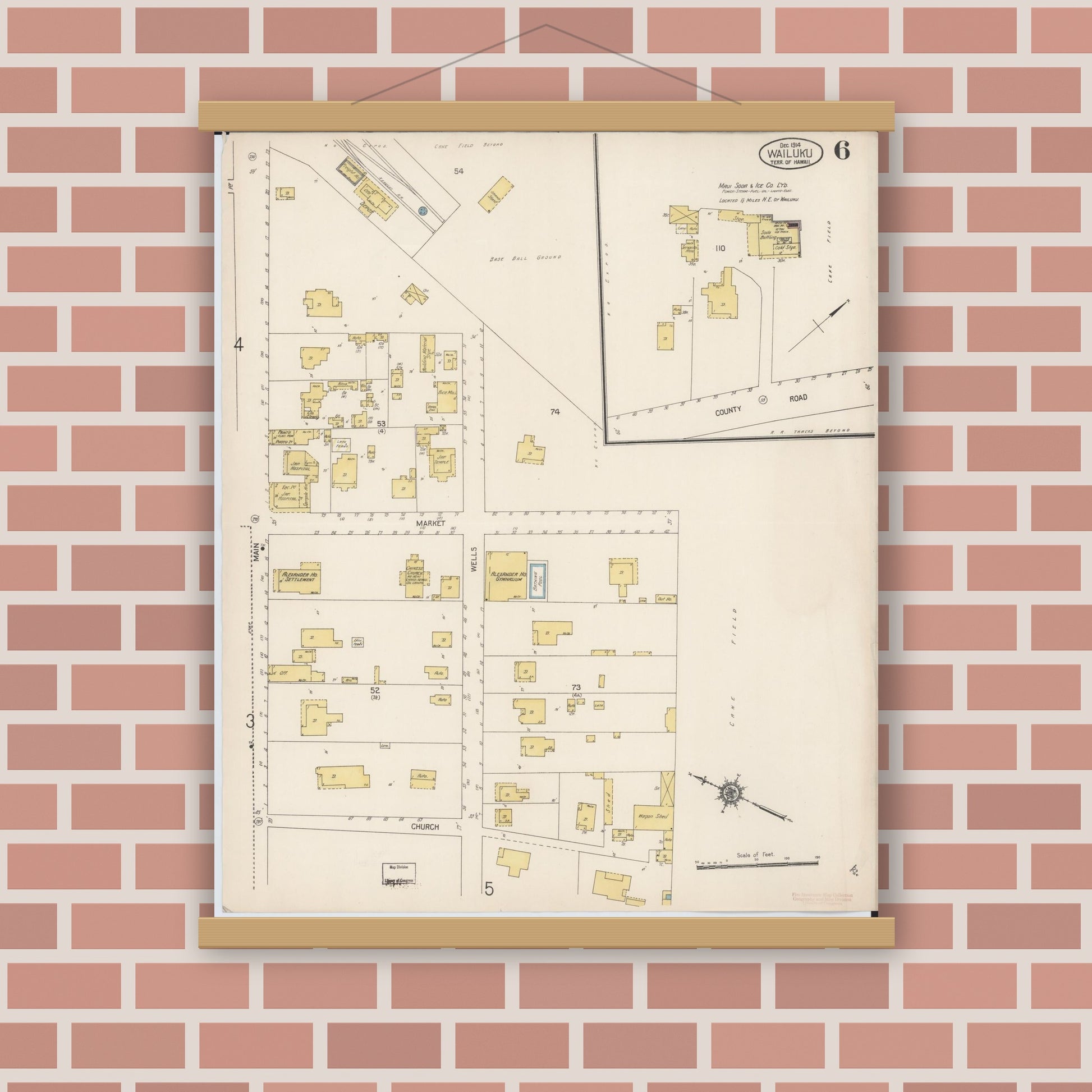 Old map wall art mockup — magnetic wood frame on brick wall — Sanborn Fire Insurance Map from Wailuku, Maui County, Hawaii (1914), Sheet #0006