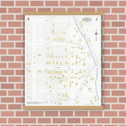 Old map wall art mockup — magnetic wood frame on brick wall — Sanborn Fire Insurance Map from Mountain Iron, Saint Louis County, Minnesota (1928), Sheet #0004