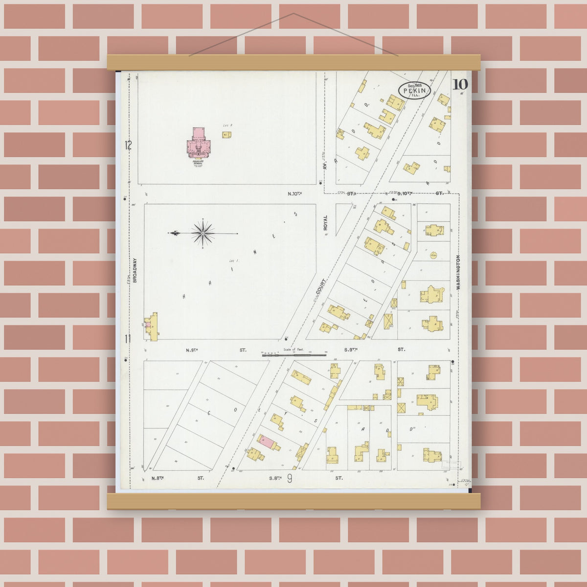 Old map wall art mockup — magnetic wood frame on brick wall — Sanborn Fire Insurance Map from Pekin, Tazewell County, Illinois (1903), Sheet #0010