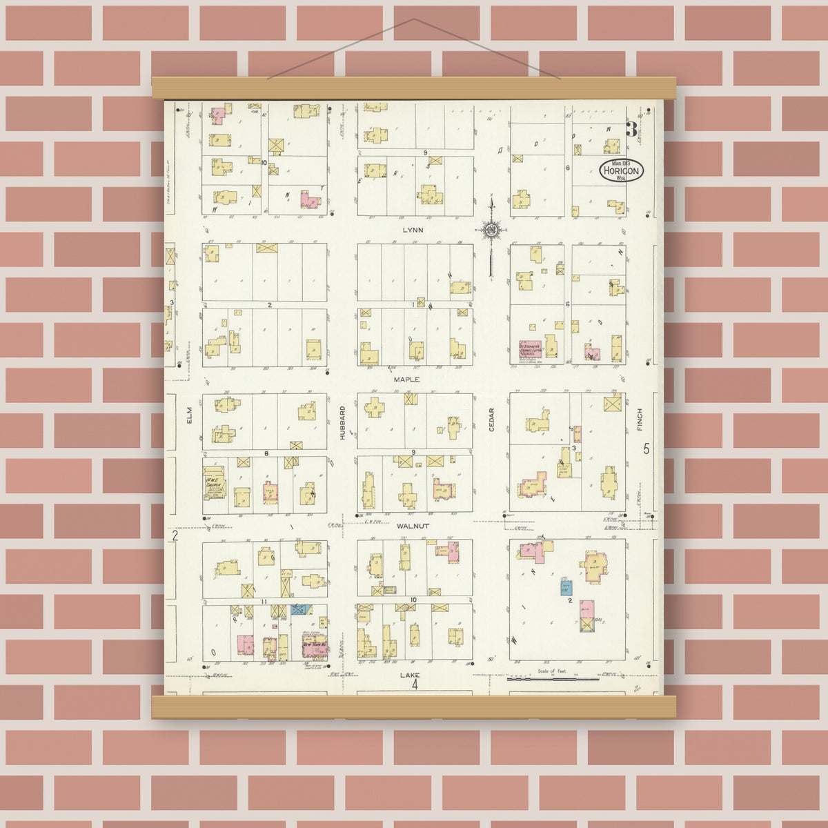Old map wall art mockup — magnetic wood frame on brick wall — Sanborn Fire Insurance Map from Horicon, Dodge County, Wisconsin (1913), Sheet #0003