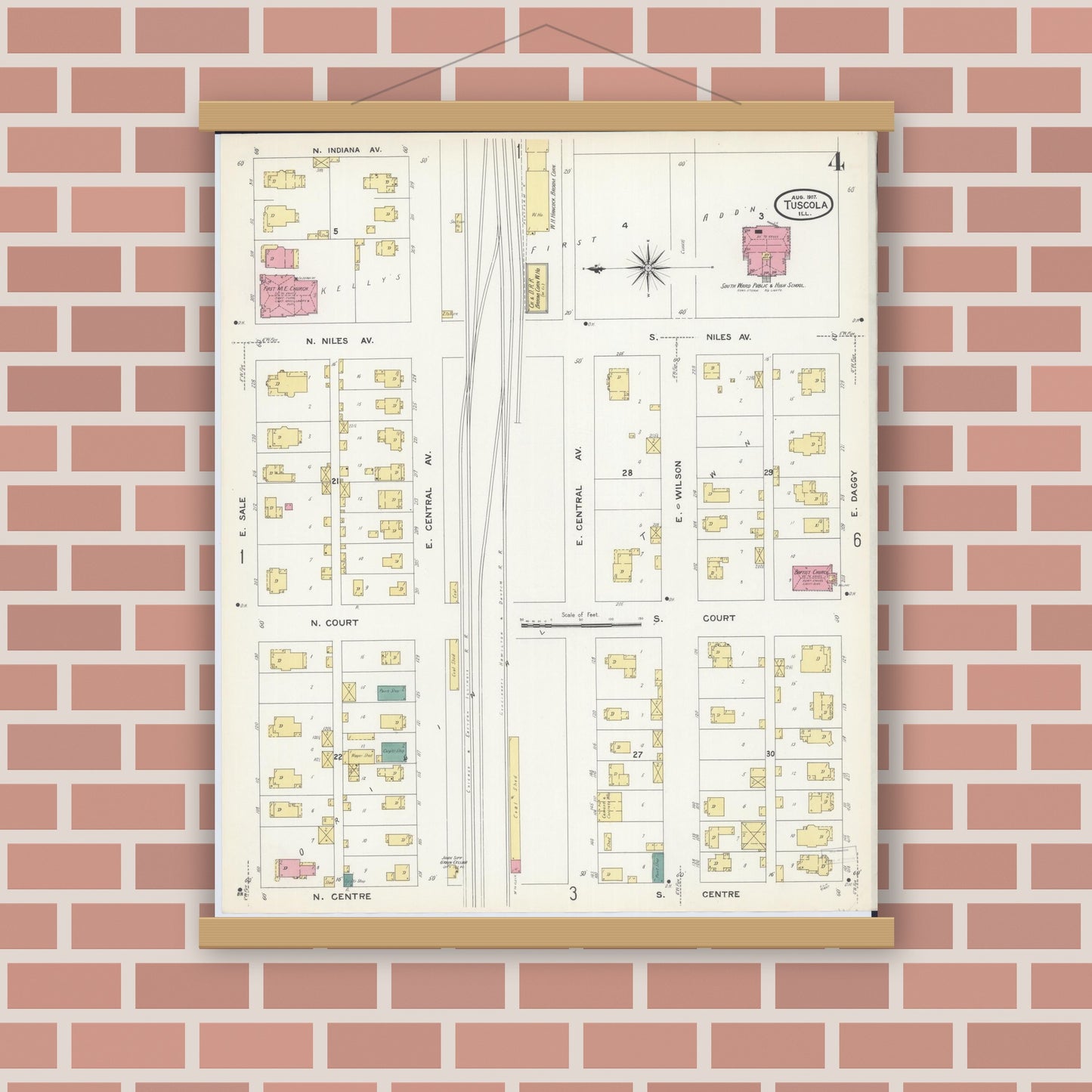 Old map wall art mockup — magnetic wood frame on brick wall — Sanborn Fire Insurance Map from Tuscola, Douglas County, Illinois (1907), Sheet #0004