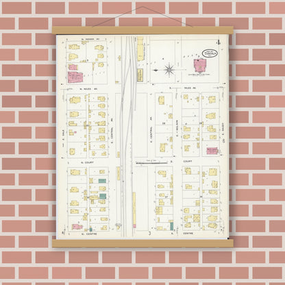 Old map wall art mockup — magnetic wood frame on brick wall — Sanborn Fire Insurance Map from Tuscola, Douglas County, Illinois (1907), Sheet #0004