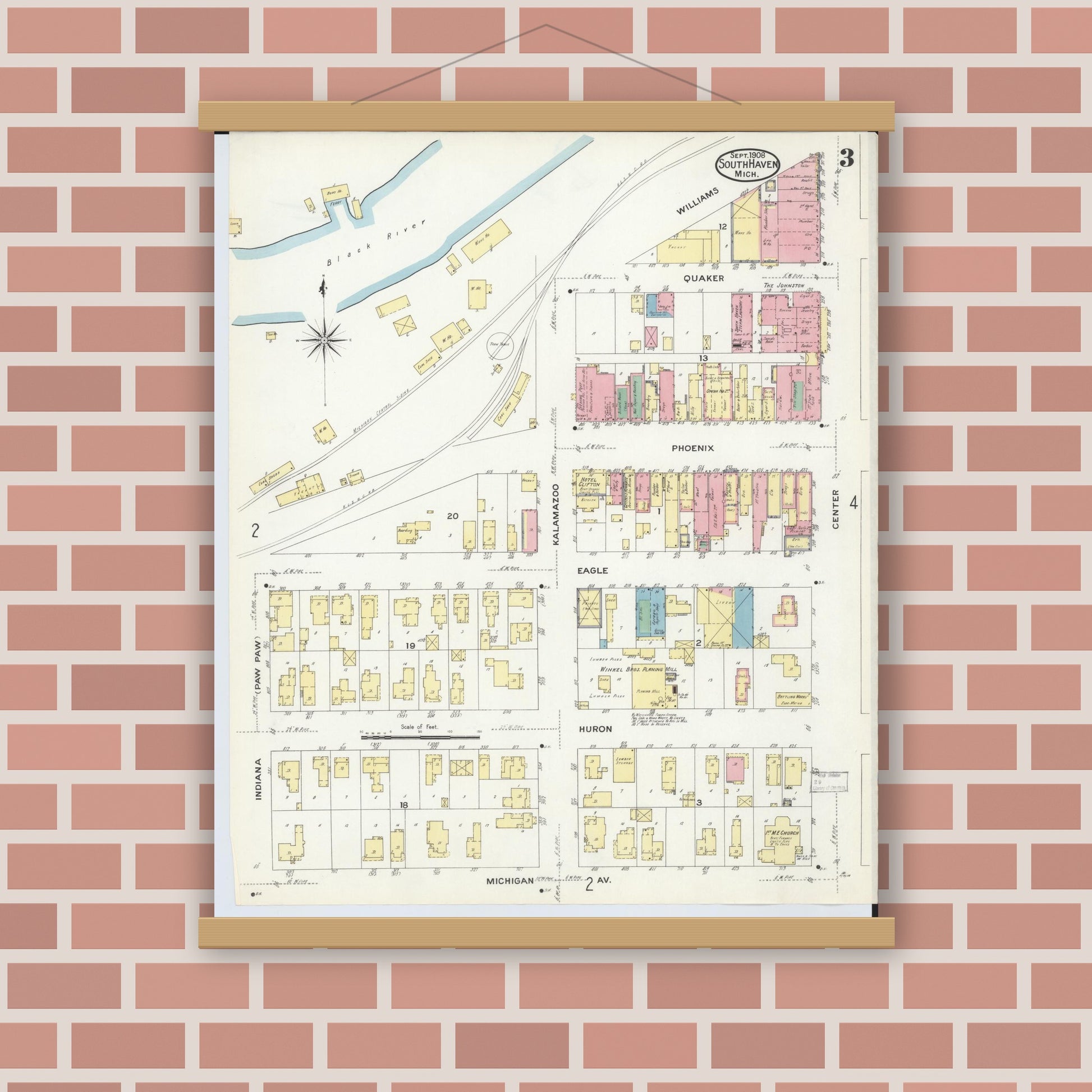 Old map wall art mockup — magnetic wood frame on brick wall — Sanborn Fire Insurance Map from South Haven, Van Buren County, Michigan (1908), Sheet #0003