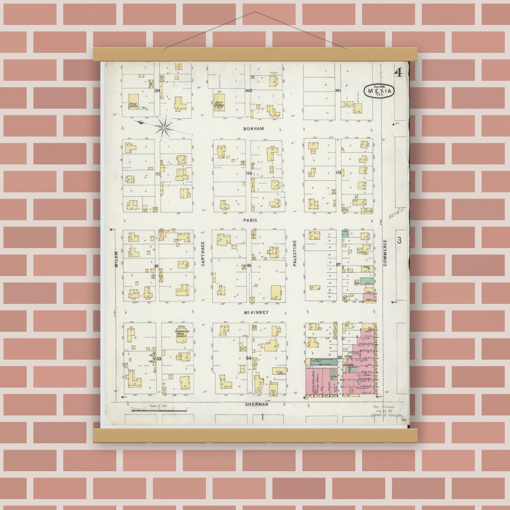 Old map wall art mockup — magnetic wood frame on brick wall — Sanborn Fire Insurance Map from Mexia, Limestone County, Texas (1896), Sheet #0004