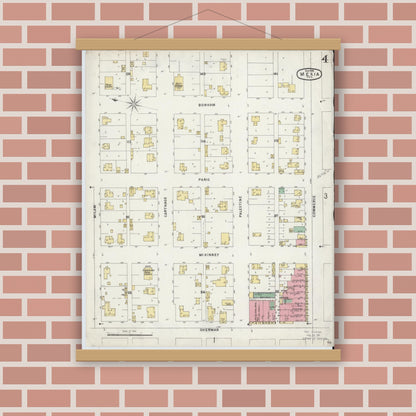 Old map wall art mockup — magnetic wood frame on brick wall — Sanborn Fire Insurance Map from Mexia, Limestone County, Texas (1896), Sheet #0004