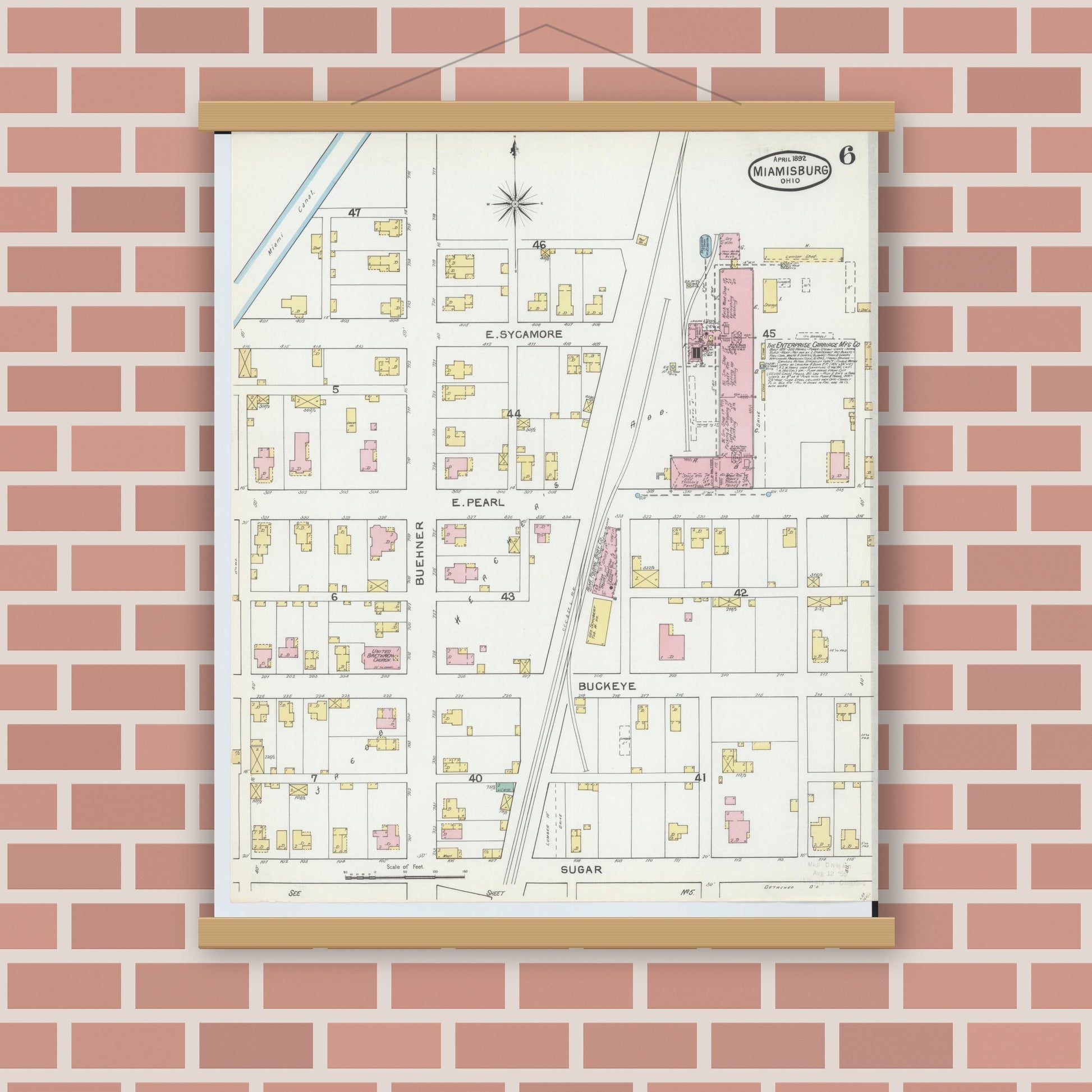 Old map wall art mockup — magnetic wood frame on brick wall — Sanborn Fire Insurance Map from Miamisburg, Montgomery County, Ohio (1892), Sheet #0006