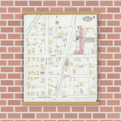 Old map wall art mockup — magnetic wood frame on brick wall — Sanborn Fire Insurance Map from Miamisburg, Montgomery County, Ohio (1892), Sheet #0006