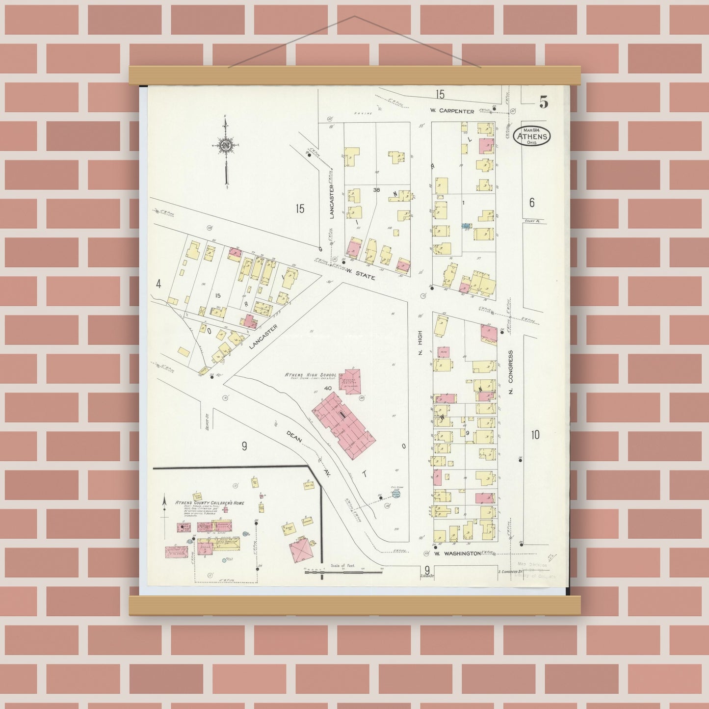 Old map wall art mockup — magnetic wood frame on brick wall — Sanborn Fire Insurance Map from Athens, Athens County, Ohio (1914), Sheet #0005