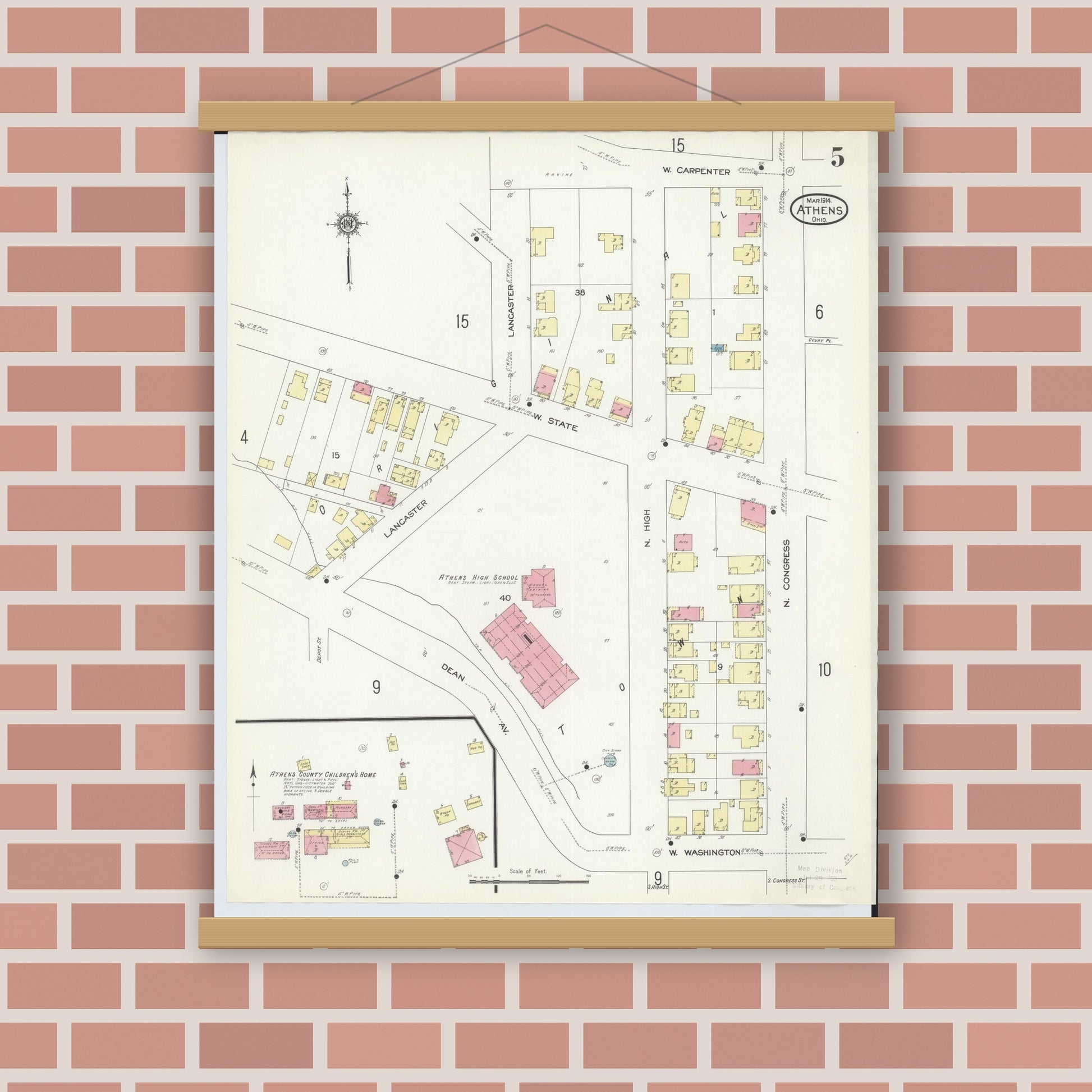 Old map wall art mockup — magnetic wood frame on brick wall — Sanborn Fire Insurance Map from Athens, Athens County, Ohio (1914), Sheet #0005