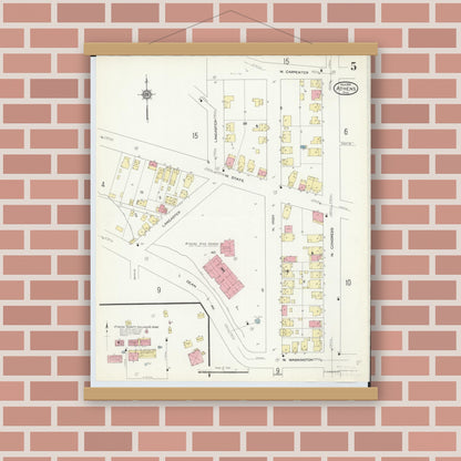 Old map wall art mockup — magnetic wood frame on brick wall — Sanborn Fire Insurance Map from Athens, Athens County, Ohio (1914), Sheet #0005