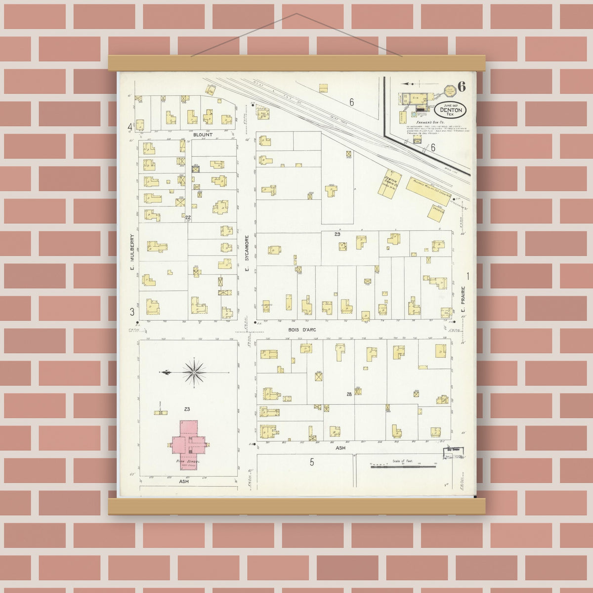 Old map wall art mockup — magnetic wood frame on brick wall — Sanborn Fire Insurance Map from Denton, Denton County, Texas (1907), Sheet #0006