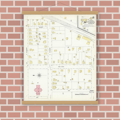 Old map wall art mockup — magnetic wood frame on brick wall — Sanborn Fire Insurance Map from Denton, Denton County, Texas (1907), Sheet #0006