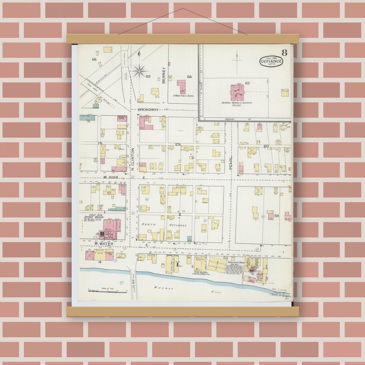 Old map wall art mockup — magnetic wood frame on brick wall — Sanborn Fire Insurance Map from Defiance, Defiance County, Ohio (1893), Sheet #0008