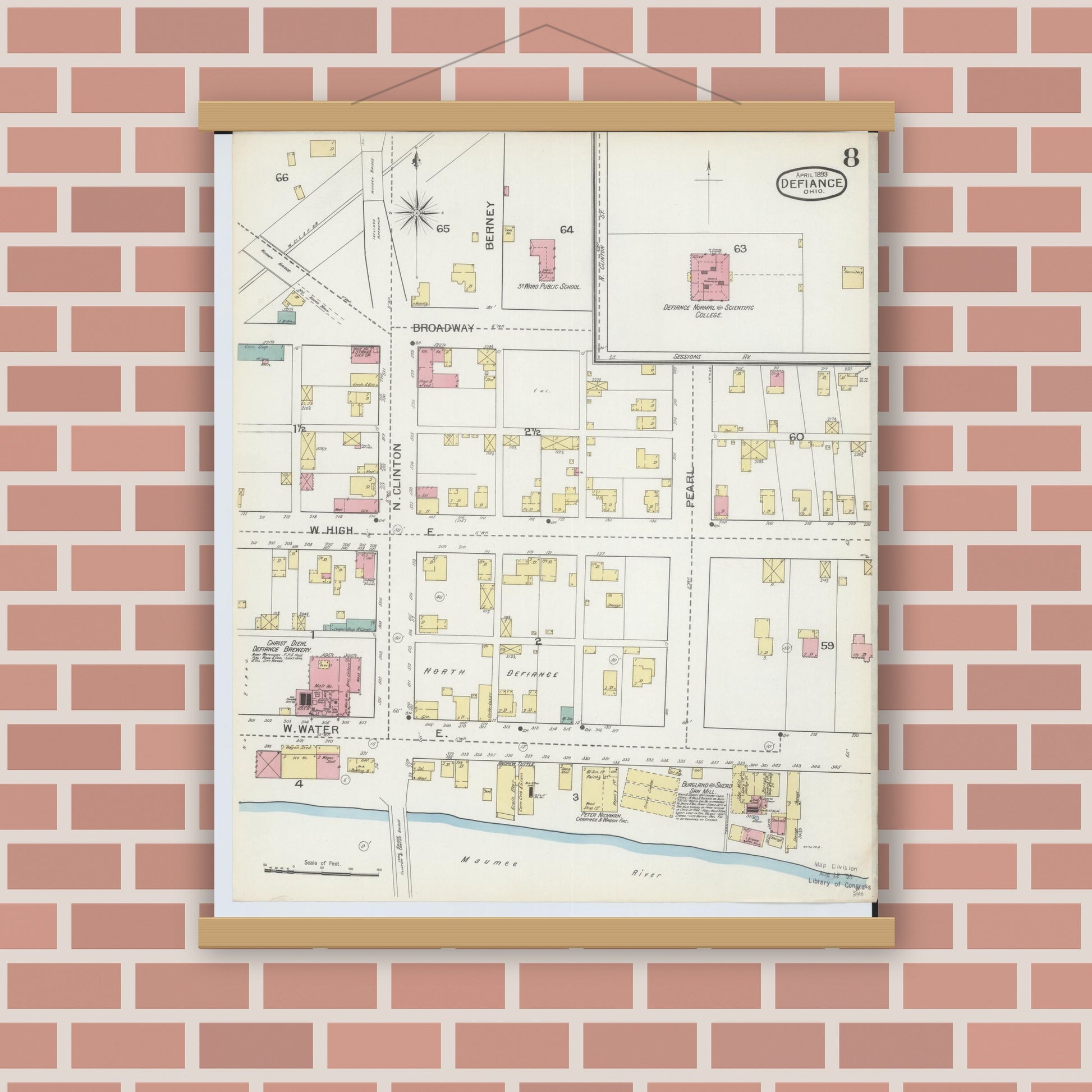 Old map wall art mockup — magnetic wood frame on brick wall — Sanborn Fire Insurance Map from Defiance, Defiance County, Ohio (1893), Sheet #0008