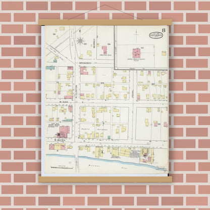 Old map wall art mockup — magnetic wood frame on brick wall — Sanborn Fire Insurance Map from Defiance, Defiance County, Ohio (1893), Sheet #0008