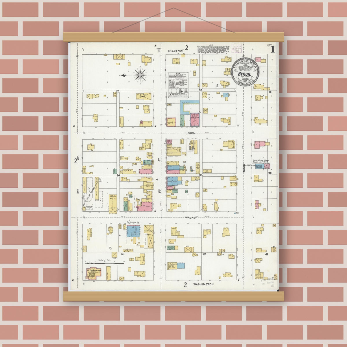 Old map wall art mockup — magnetic wood frame on brick wall — Sanborn Fire Insurance Map from Byron, Ogle County, Illinois (1904), Sheet #0001