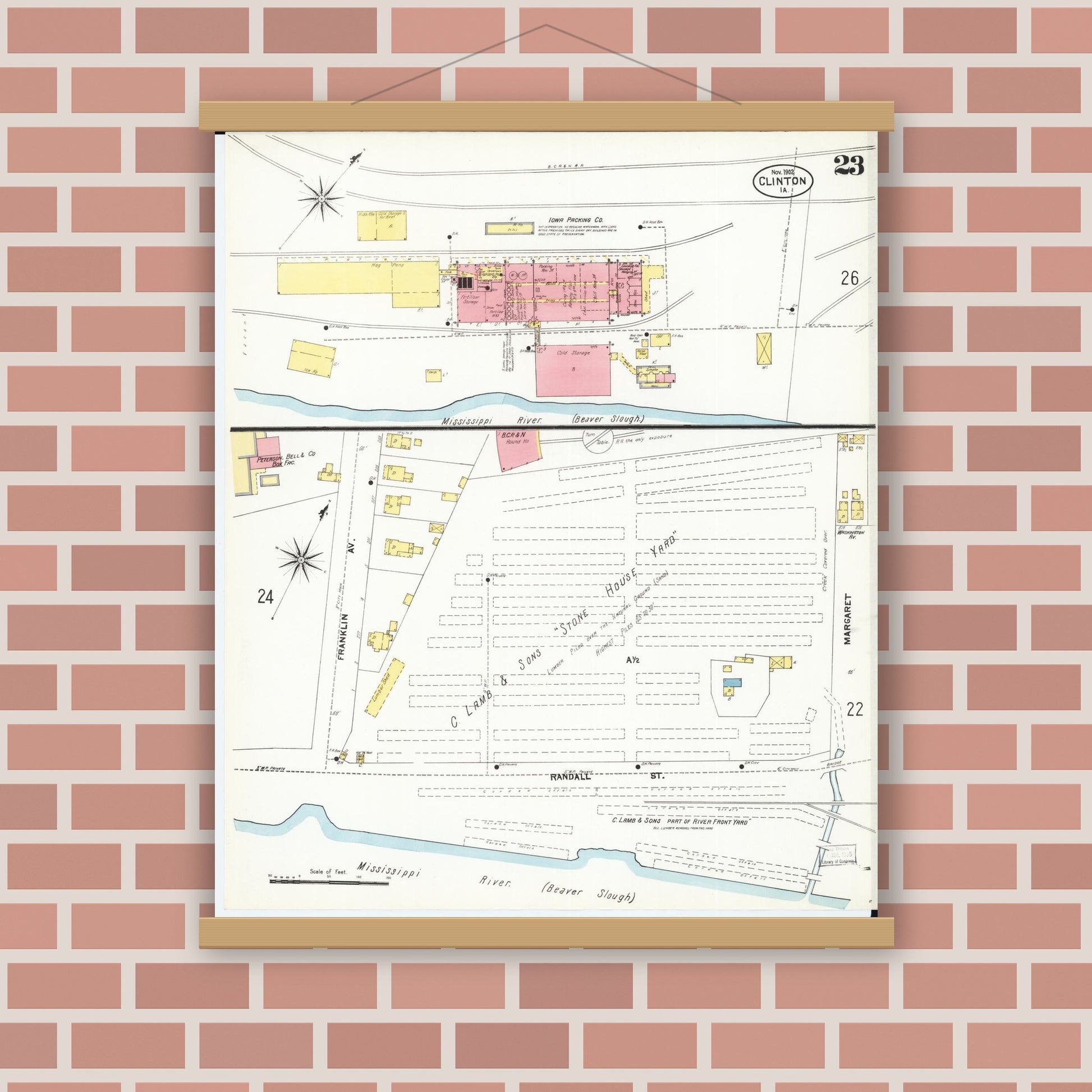 Old map wall art mockup — magnetic wood frame on brick wall — Sanborn Fire Insurance Map from Clinton, Clinton County, Iowa (1902), Sheet #0023