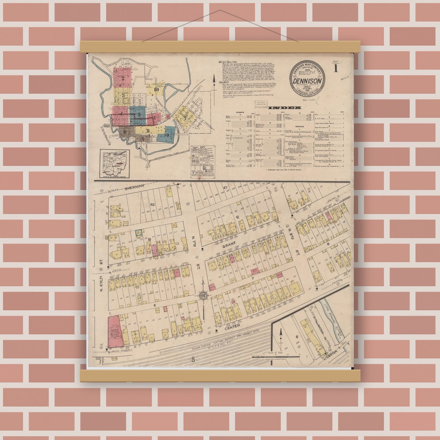 Old map wall art mockup — magnetic wood frame on brick wall — Sanborn Fire Insurance Map from Dennison, Tuscarawas County, Ohio (1921) - Complete Map Set