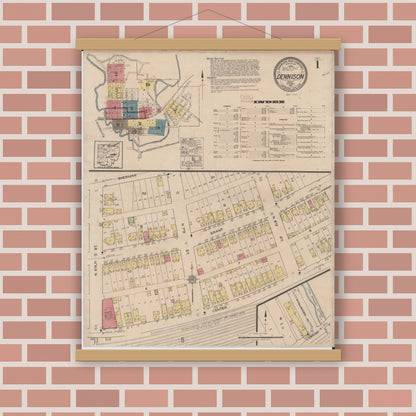 Old map wall art mockup — magnetic wood frame on brick wall — Sanborn Fire Insurance Map from Dennison, Tuscarawas County, Ohio (1921) - Complete Map Set