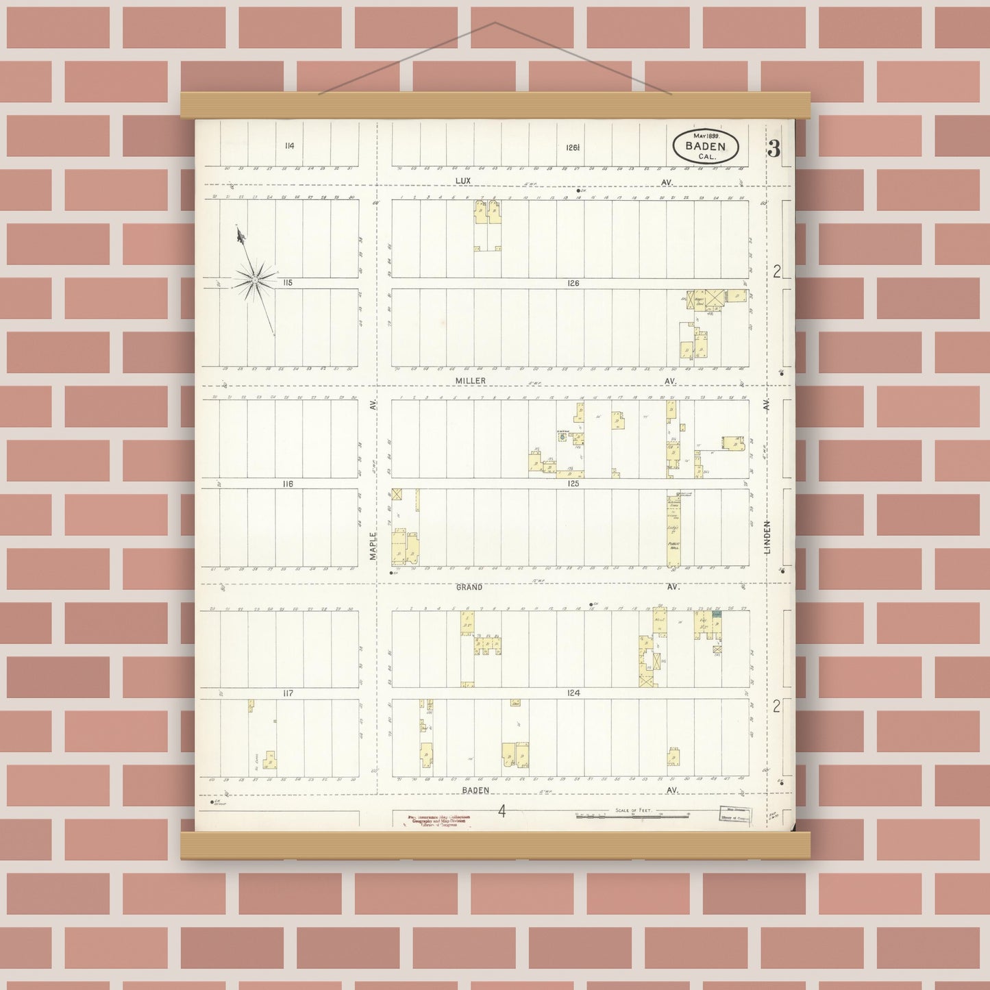 Old map wall art mockup — magnetic wood frame on brick wall — Sanborn Fire Insurance Map from Baden, San Mateo County, California (1899), Sheet #0003