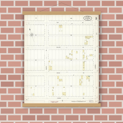 Old map wall art mockup — magnetic wood frame on brick wall — Sanborn Fire Insurance Map from Baden, San Mateo County, California (1899), Sheet #0003