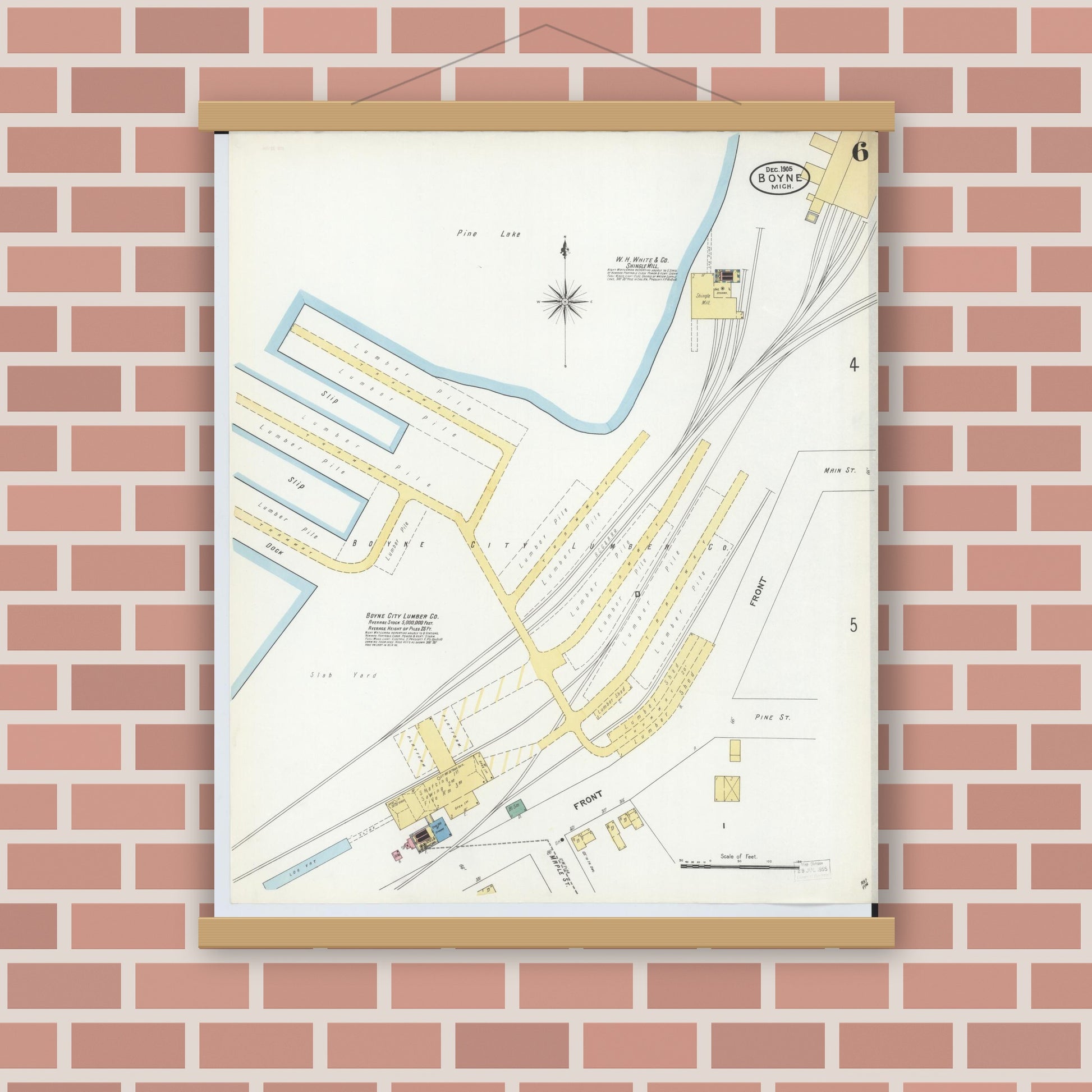 Old map wall art mockup — magnetic wood frame on brick wall — Sanborn Fire Insurance Map from Boyne City, Charlevoix County, Michigan (1905), Sheet #0006