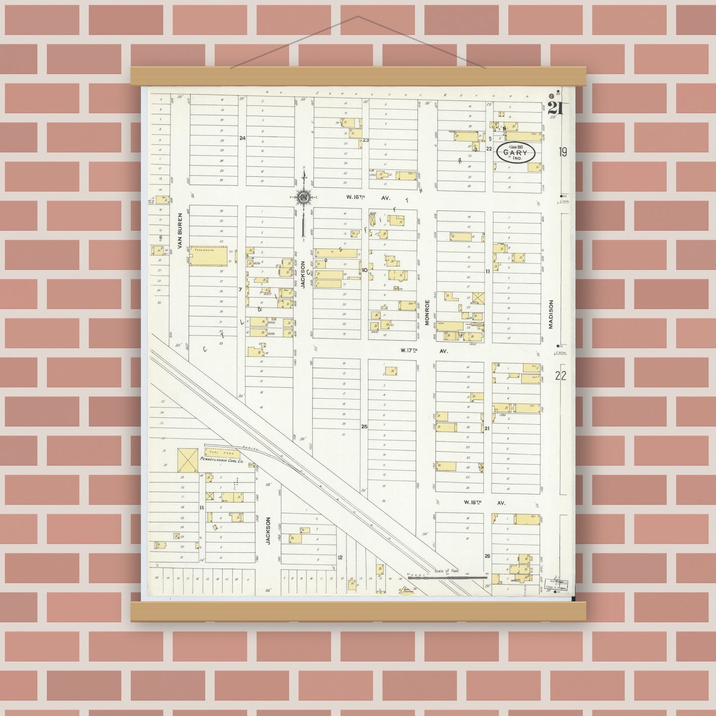 Old map wall art mockup — magnetic wood frame on brick wall — Sanborn Fire Insurance Map from Gary, Lake County, Indiana (1911), Sheet #0021