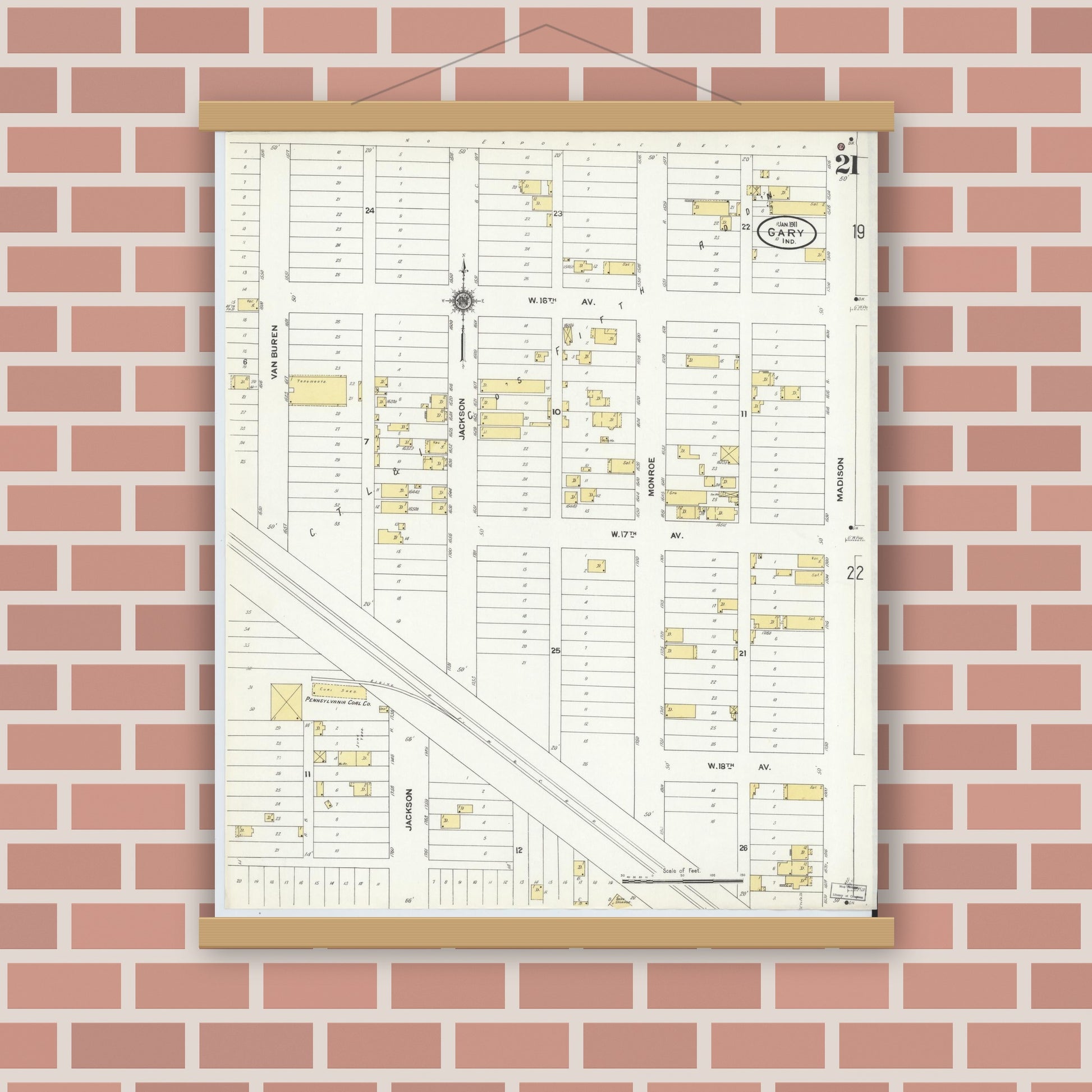 Old map wall art mockup — magnetic wood frame on brick wall — Sanborn Fire Insurance Map from Gary, Lake County, Indiana (1911), Sheet #0021