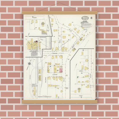 Old map wall art mockup — magnetic wood frame on brick wall — Sanborn Fire Insurance Map from Belvidere, Warren County, New Jersey (1915), Sheet #0008
